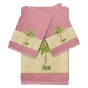 Authentic Hotel and Spa Turkish Cotton Palm Tree Embroidered Tea Rose 3-piece Towel Set