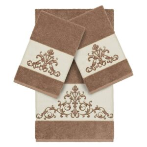 Authentic Hotel and Spa Latte Brown Turkish Cotton Scrollwork Embroidered 3 piece Towel Set