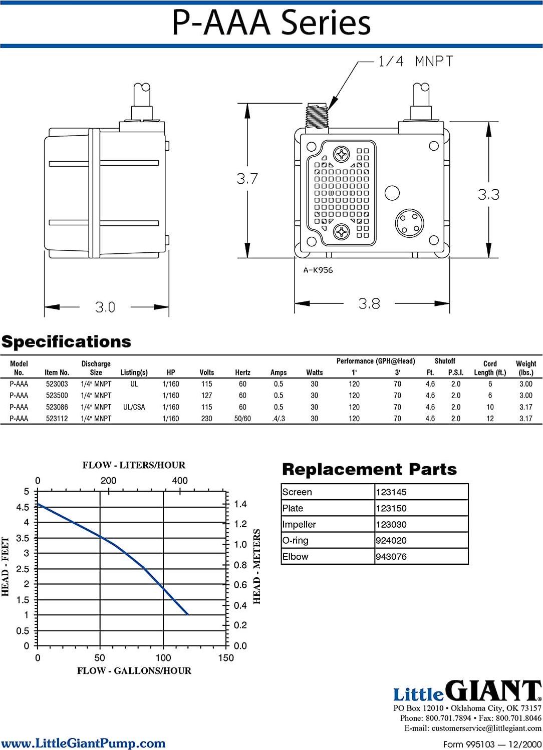1/60 HP, 2 psi, Nylon Miniature Submersible Pump - Image 8
