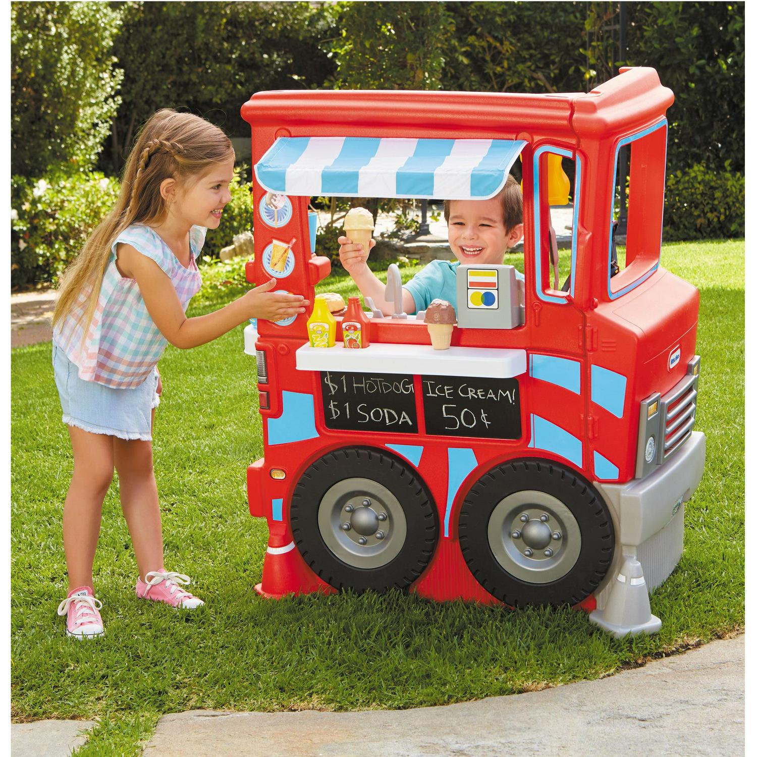 Little Tikes 2-in-1 Food Truck 20-Piece Plastic Pretend Play Kitchen Toys Playset with Working Cash Register, Red- For Kids Toddlers Girls Boys Ages 2 3 4+ - Image 2