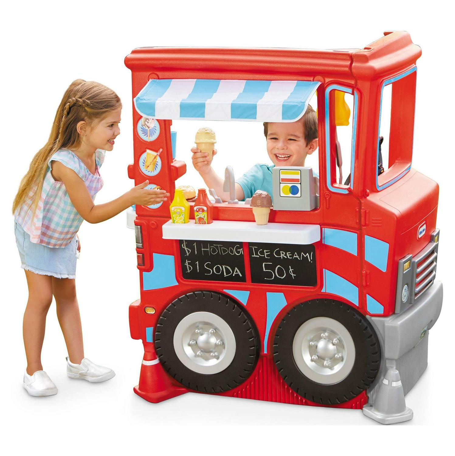Little Tikes 2-in-1 Food Truck 20-Piece Plastic Pretend Play Kitchen Toys Playset with Working Cash Register, Red- For Kids Toddlers Girls Boys Ages 2 3 4+