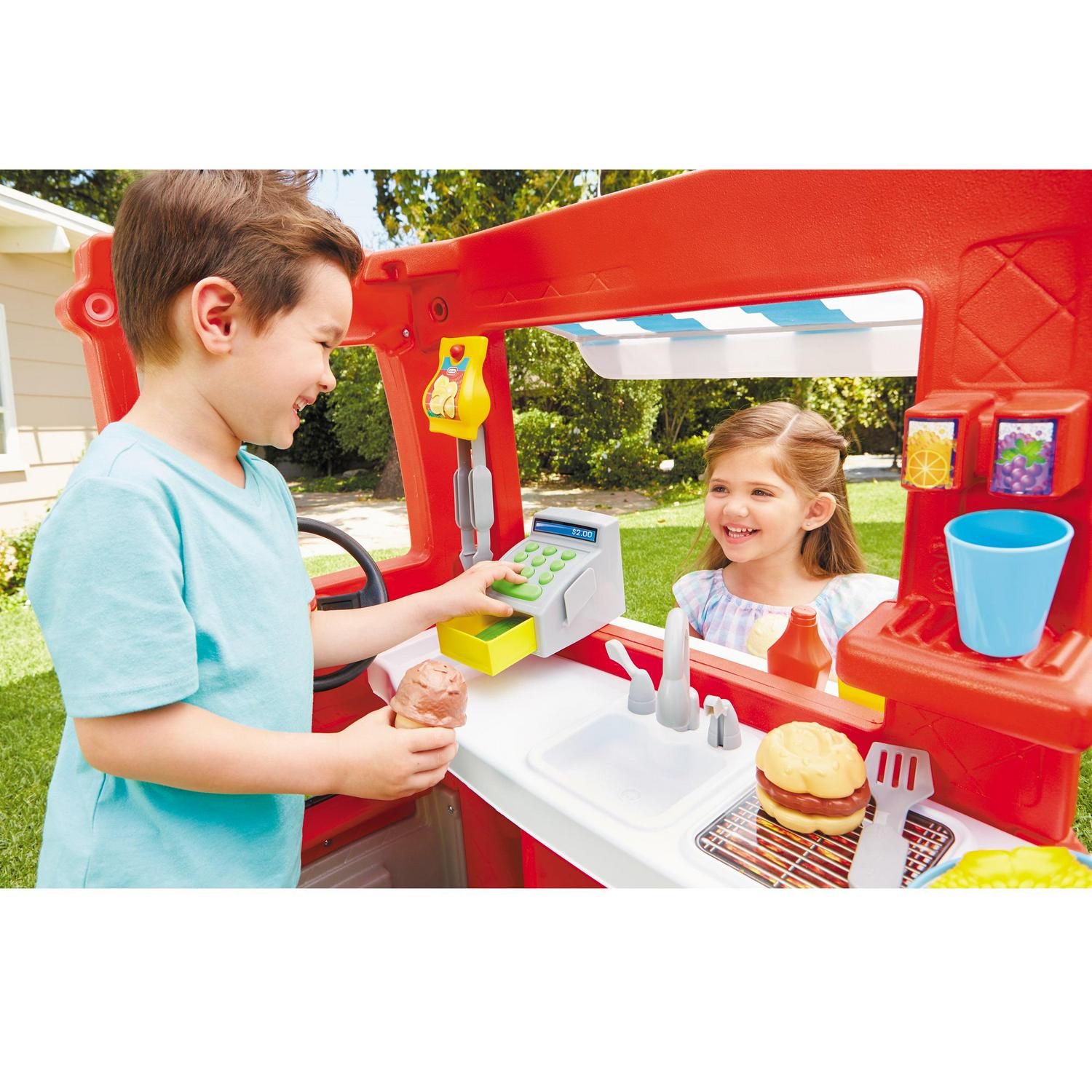 Little Tikes 2-in-1 Food Truck 20-Piece Plastic Pretend Play Kitchen Toys Playset with Working Cash Register, Red- For Kids Toddlers Girls Boys Ages 2 3 4+ - Image 3