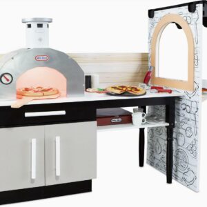 Little Tikes Real Wood Pizza Restaurant 20-Piece Wooden Pretend Play Kitchen Toys Playset, Realistic Lights & Sounds, Dual Sided Play, White and Gray- for Chidren 3+