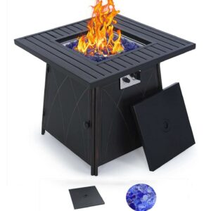 Summit Living 28" Propane Gas Fire Pit Table with 50,000 BTU Heat Output & Blue Fire Glass & Lid, Black