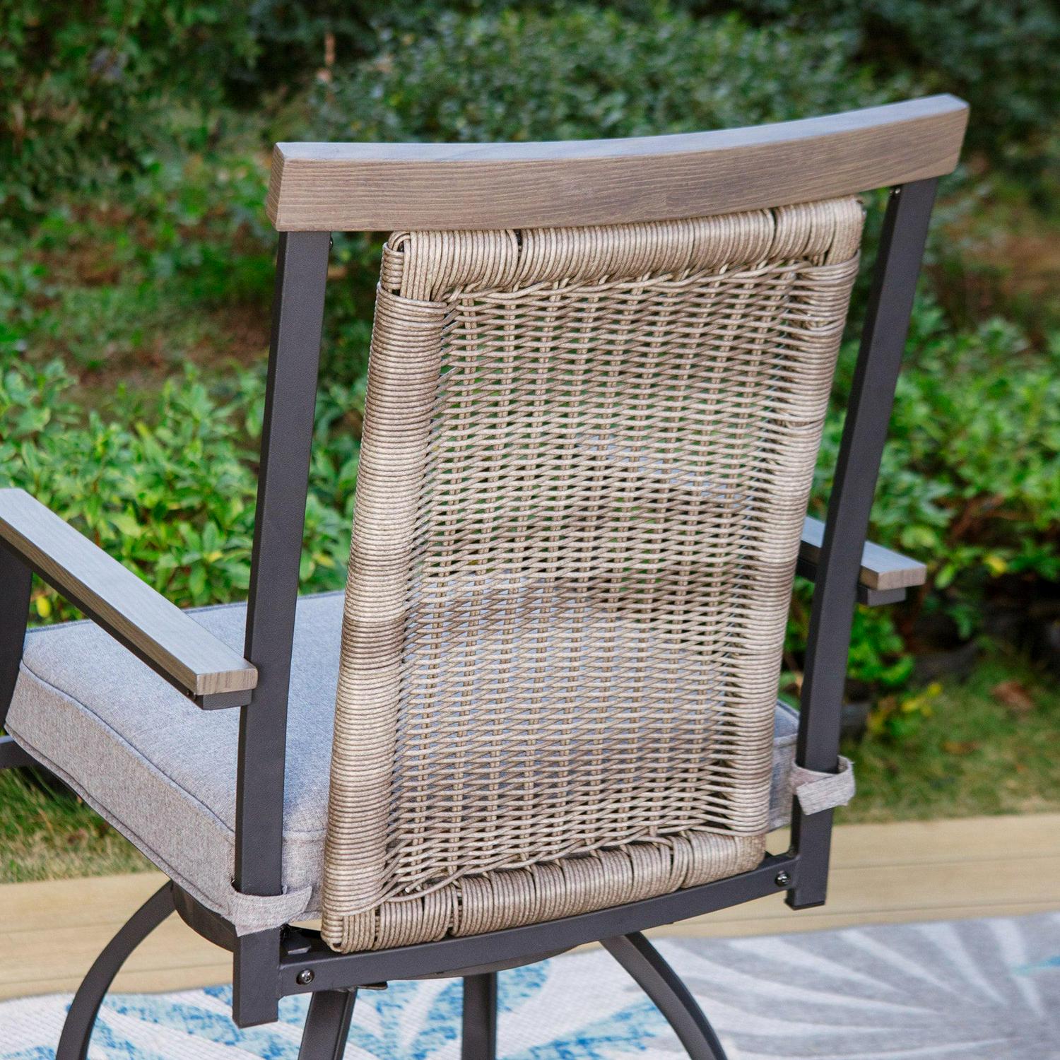 Summit Living 3-Piece Outdoor Patio Bar Stool Set with High-Back Wicker Cushioned Swivel Chairs & Counter Height Patio Dining Table, Black & Gray - Image 3