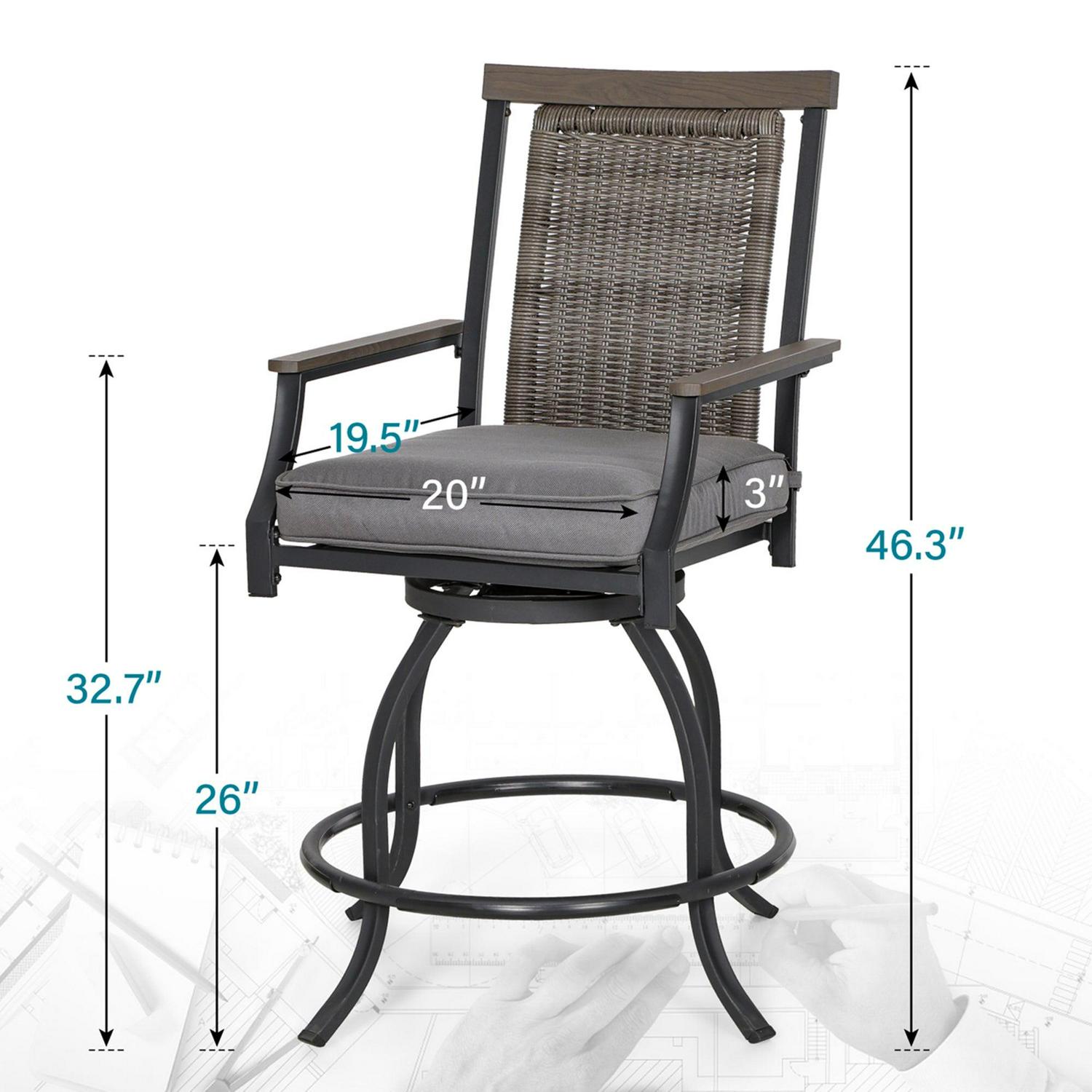 Summit Living 3-Piece Outdoor Patio Bar Stool Set with High-Back Wicker Cushioned Swivel Chairs & Counter Height Patio Dining Table, Black & Gray - Image 7