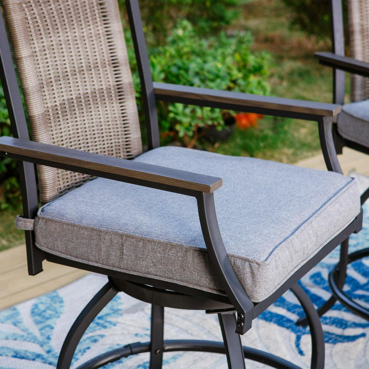 Summit Living 3-Piece Outdoor Patio Bar Stool Set with High-Back Wicker Cushioned Swivel Chairs & Counter Height Patio Dining Table, Black & Gray - Image 4