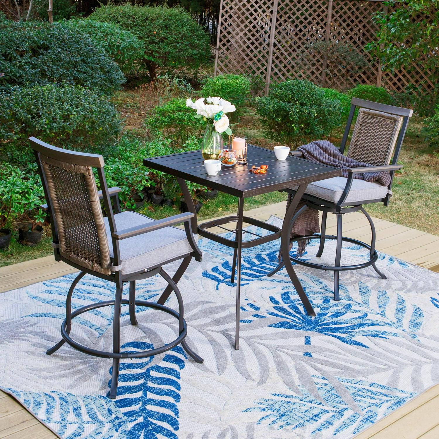 Summit Living 3-Piece Outdoor Patio Bar Stool Set with High-Back Wicker Cushioned Swivel Chairs & Counter Height Patio Dining Table, Black & Gray