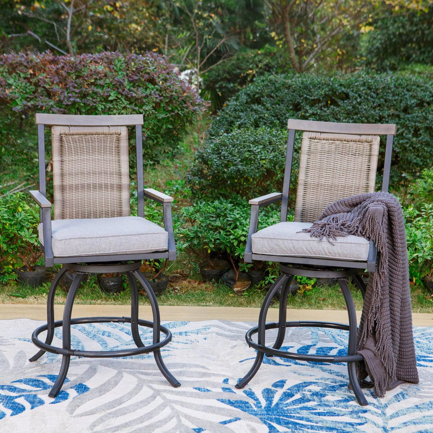 Summit Living 3-Piece Outdoor Patio Bar Stool Set with High-Back Wicker Cushioned Swivel Chairs & Counter Height Patio Dining Table, Black & Gray - Image 2