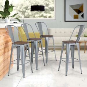 MF Studio Bar Stool 30" High Back Set of 4 Metal Dining Bar Chairs Wood Seat Stackable Patio Stool Industrial for Kitchen Bar Indoor Outdoor, Matte Silver Grey