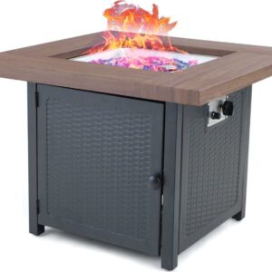 Summit Living 34" Square Gas Fire Pit Table, 50,000BTU Outdoor Progane Firepits with Blue Fire Glass and Lid, Wood-Like Top