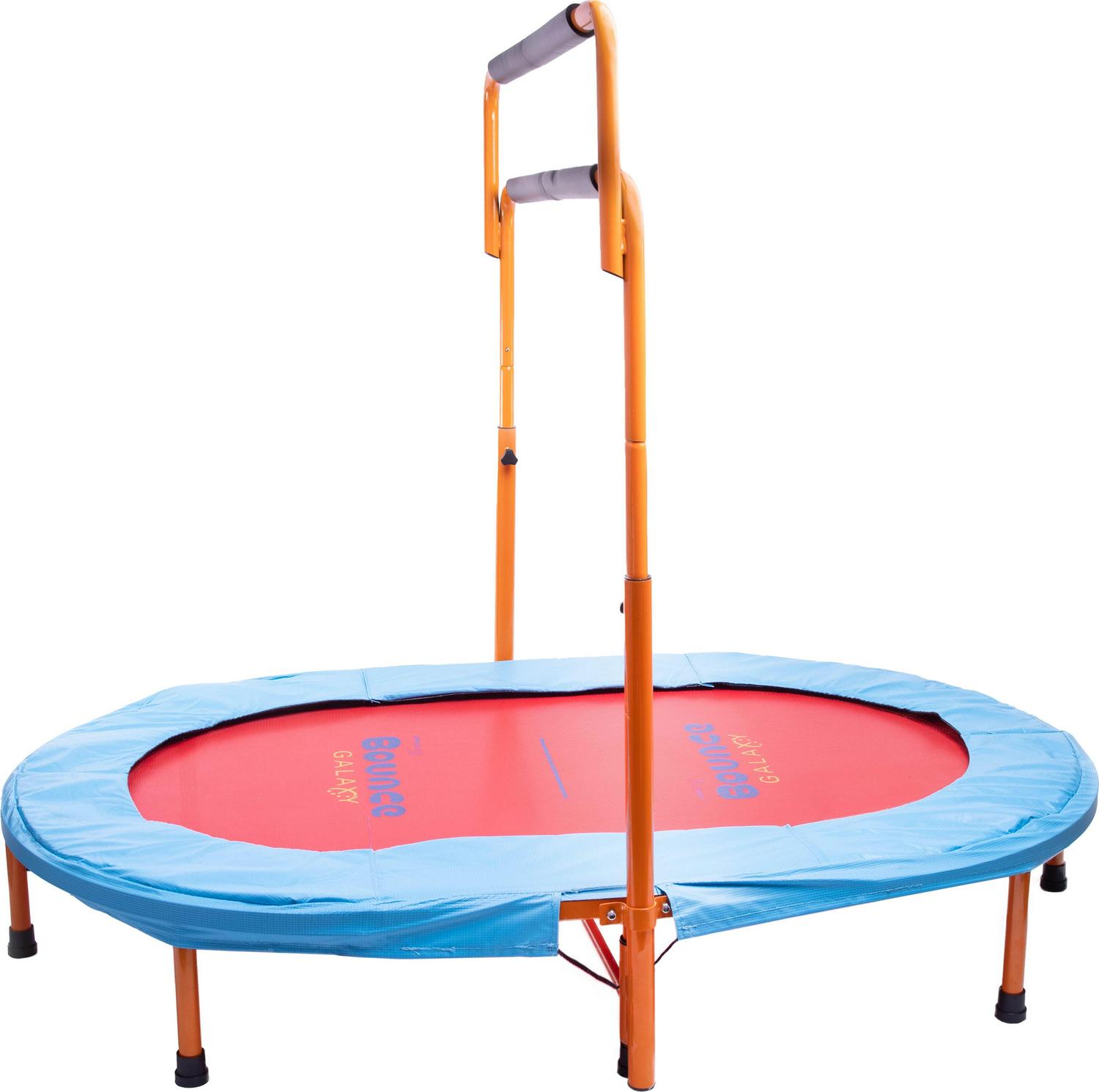 Machrus Bounce Galaxy Mini Oval Rebounder Trampoline with Double Adjustable Handrail and Dual Jumping Surface for Kids and Adults - Orange/Blue/Red