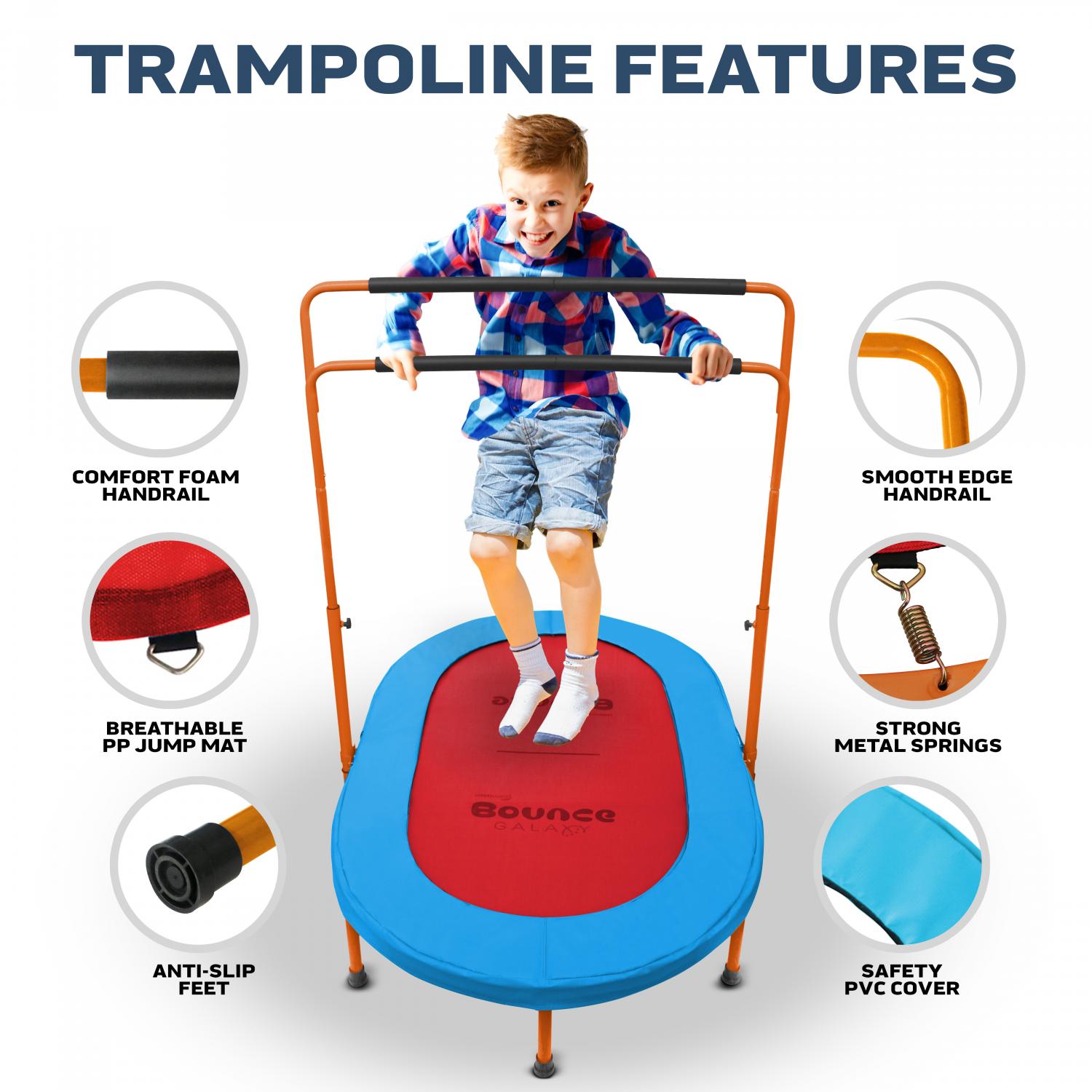 Machrus Bounce Galaxy Mini Oval Rebounder Trampoline with Double Adjustable Handrail and Dual Jumping Surface for Kids and Adults - Orange/Blue/Red - Image 3