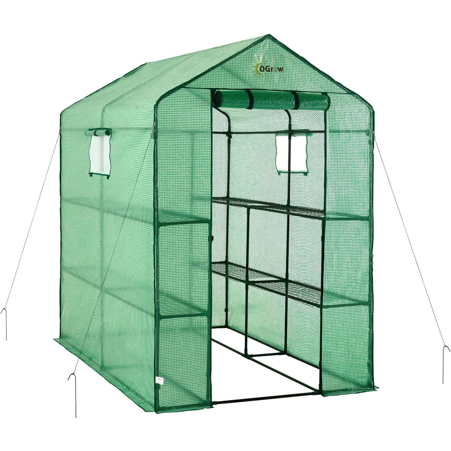 Machrus Ogrow Deluxe Walk-In Greenhouse with 2 Tiers and 8 Shelves - Green Cover