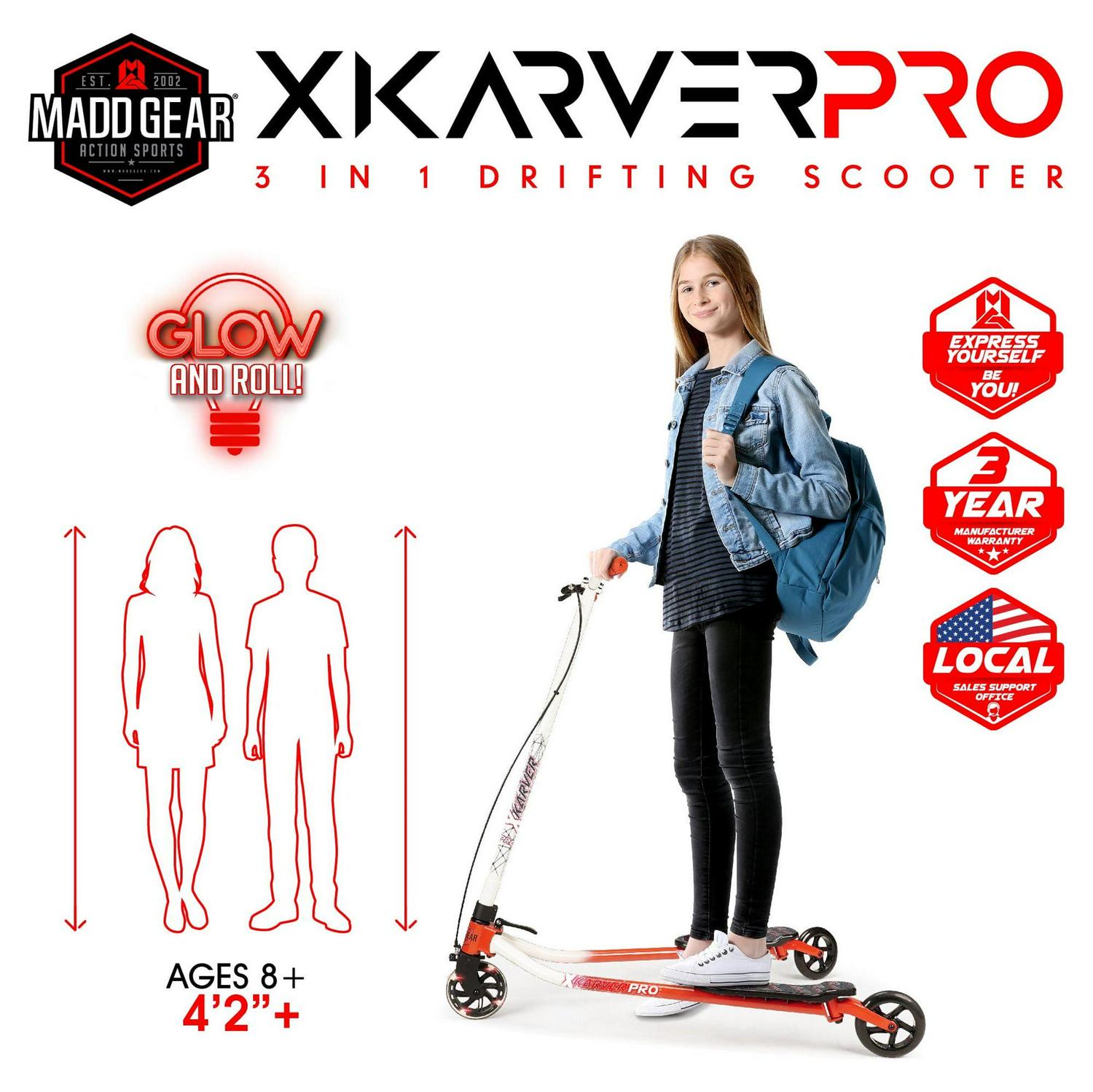 Madd Gear X Karver Pro Light-Up 3-in-1 Drifting Modes Swing Scooter For Kids 8 Years + Unisex - Image 2