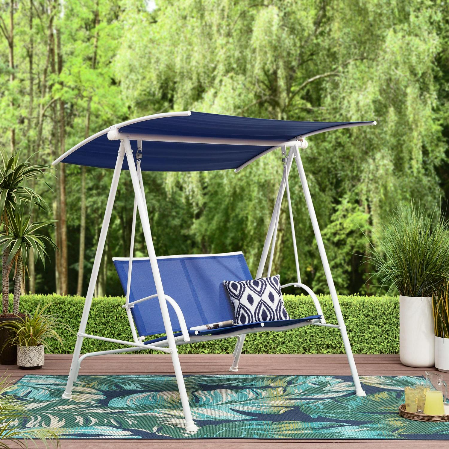 Mainstays Albany Lane 2-Seat Steel Canopy Porch Swing, White/Blue