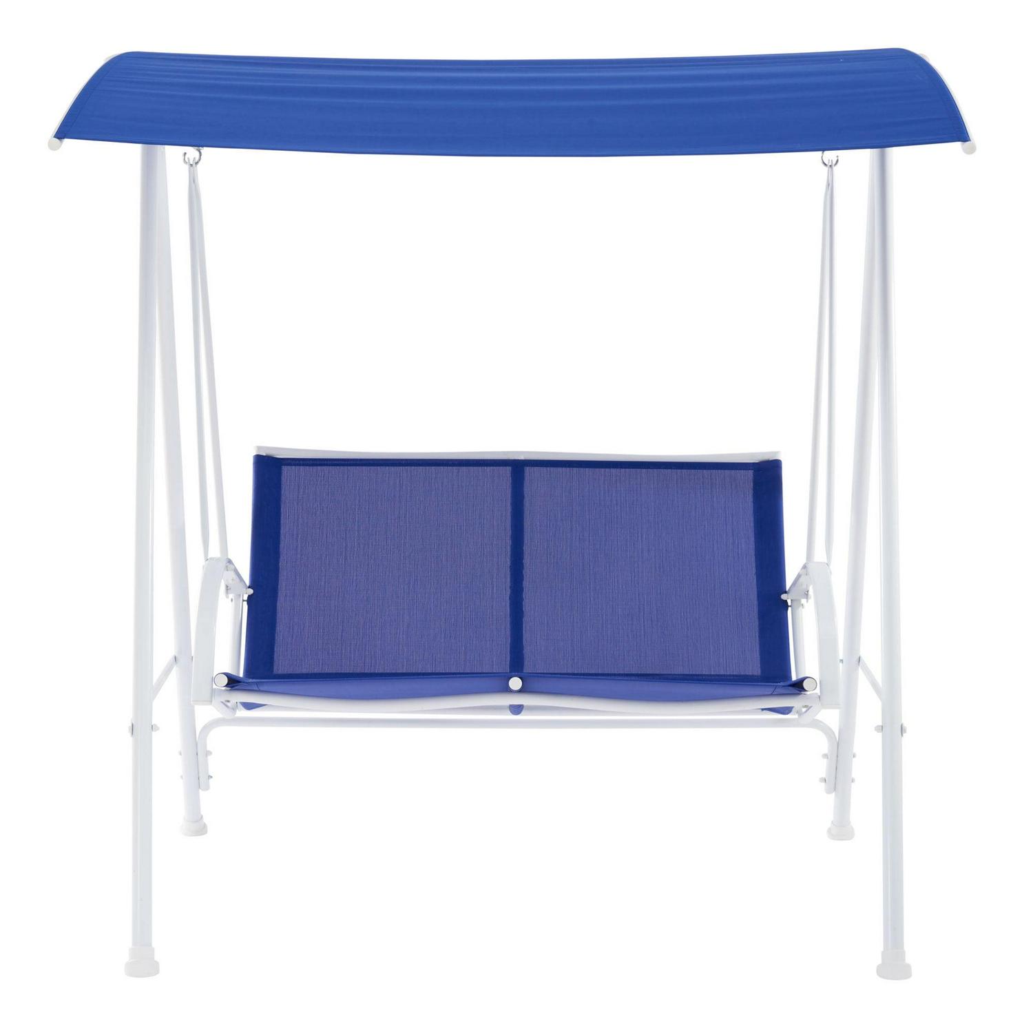 Mainstays Albany Lane 2-Seat Steel Canopy Porch Swing, White/Blue - Image 3