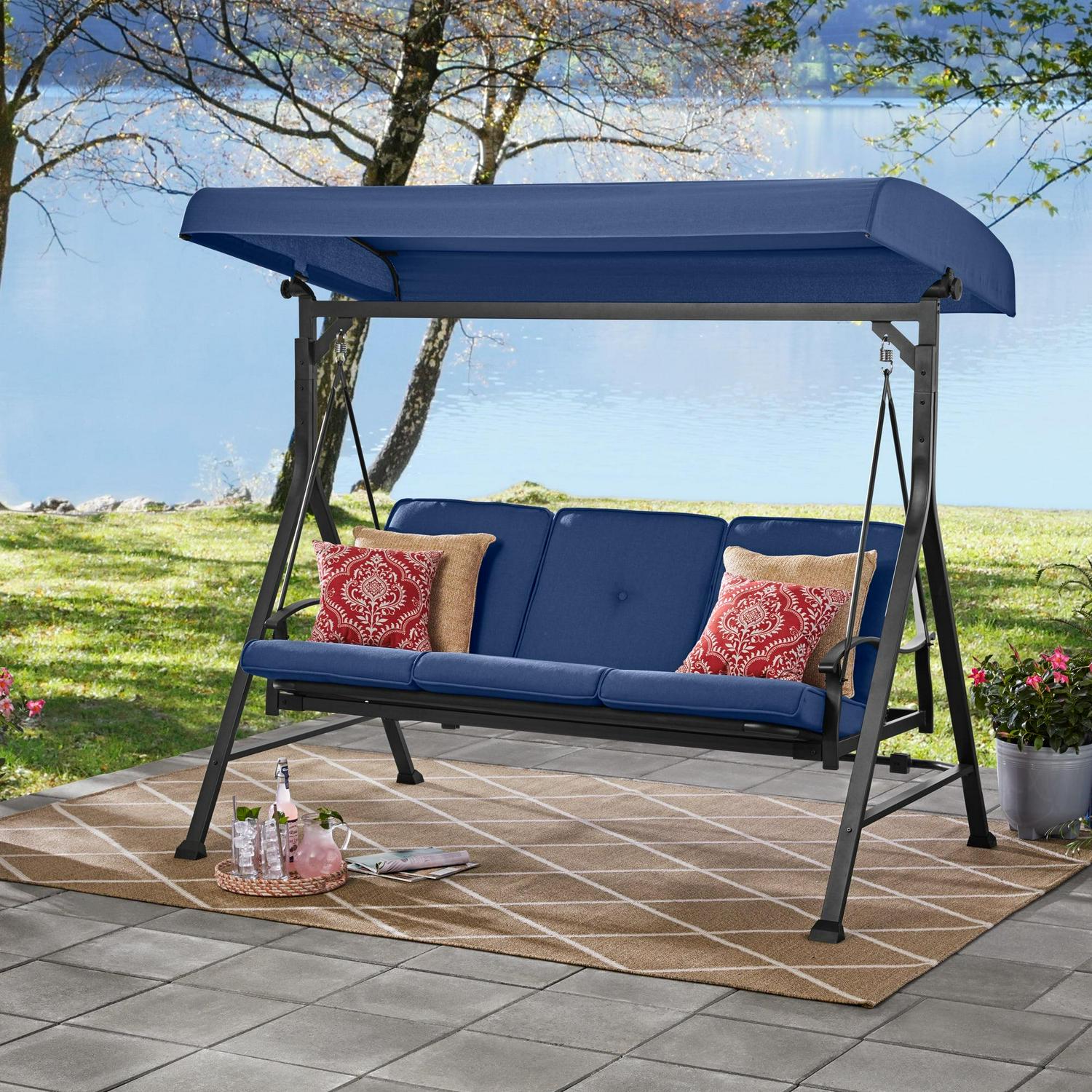Mainstays Belden Park 3 Person Seated Daybed Outdoor Porch Swing with Canopy- Blue