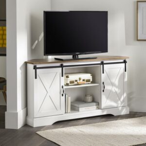 Walker Edison Modern Farmhouse Sliding Door Corner TV Stand, Rustic Oak/Solid White