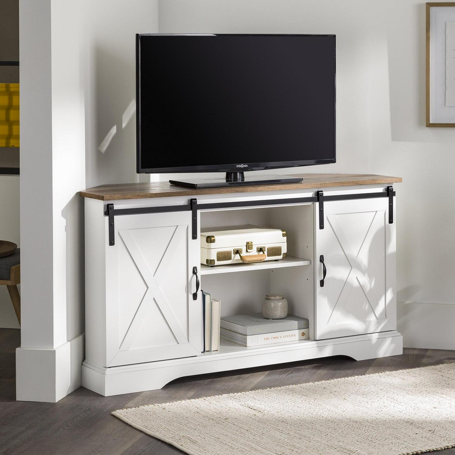 Walker Edison Modern Farmhouse Sliding Door Corner TV Stand, Rustic Oak/Solid White