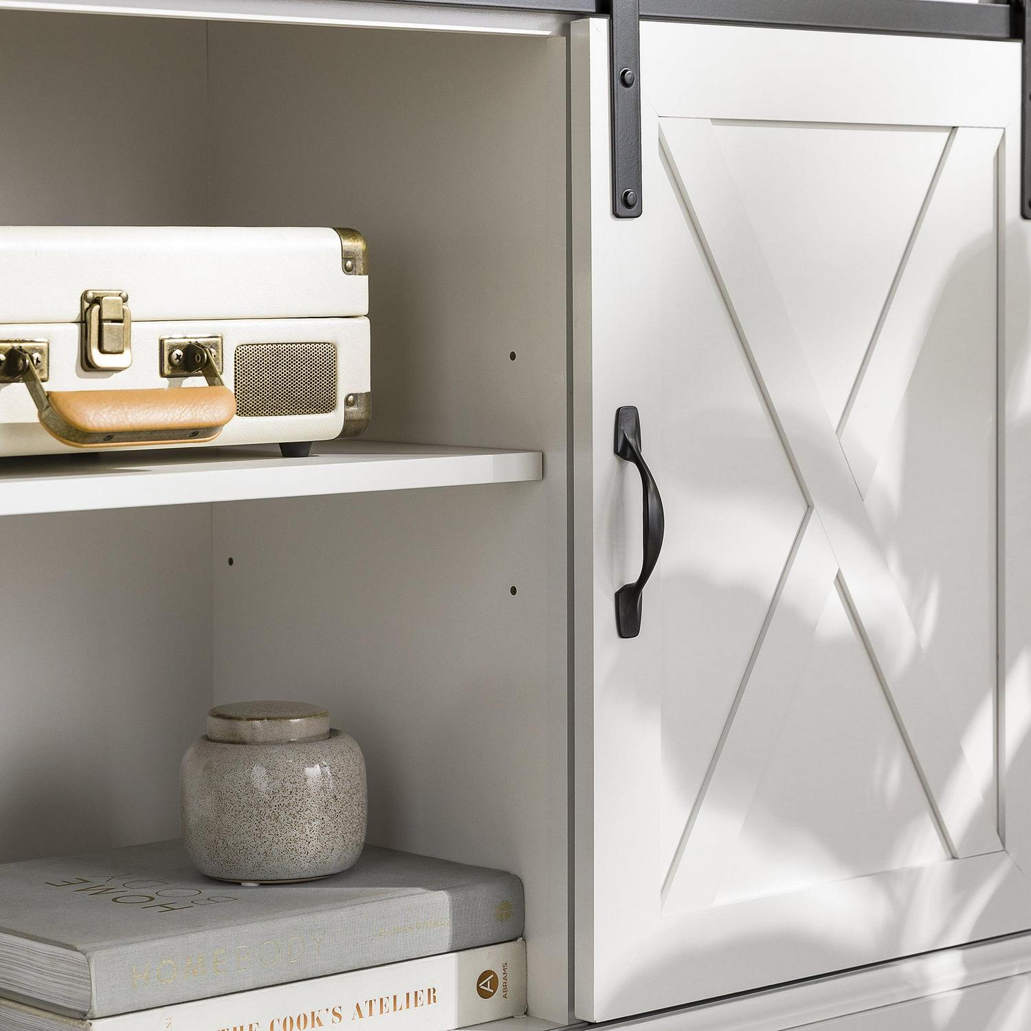 Walker Edison Modern Farmhouse Sliding Door Corner TV Stand, Rustic Oak/Solid White - Image 10