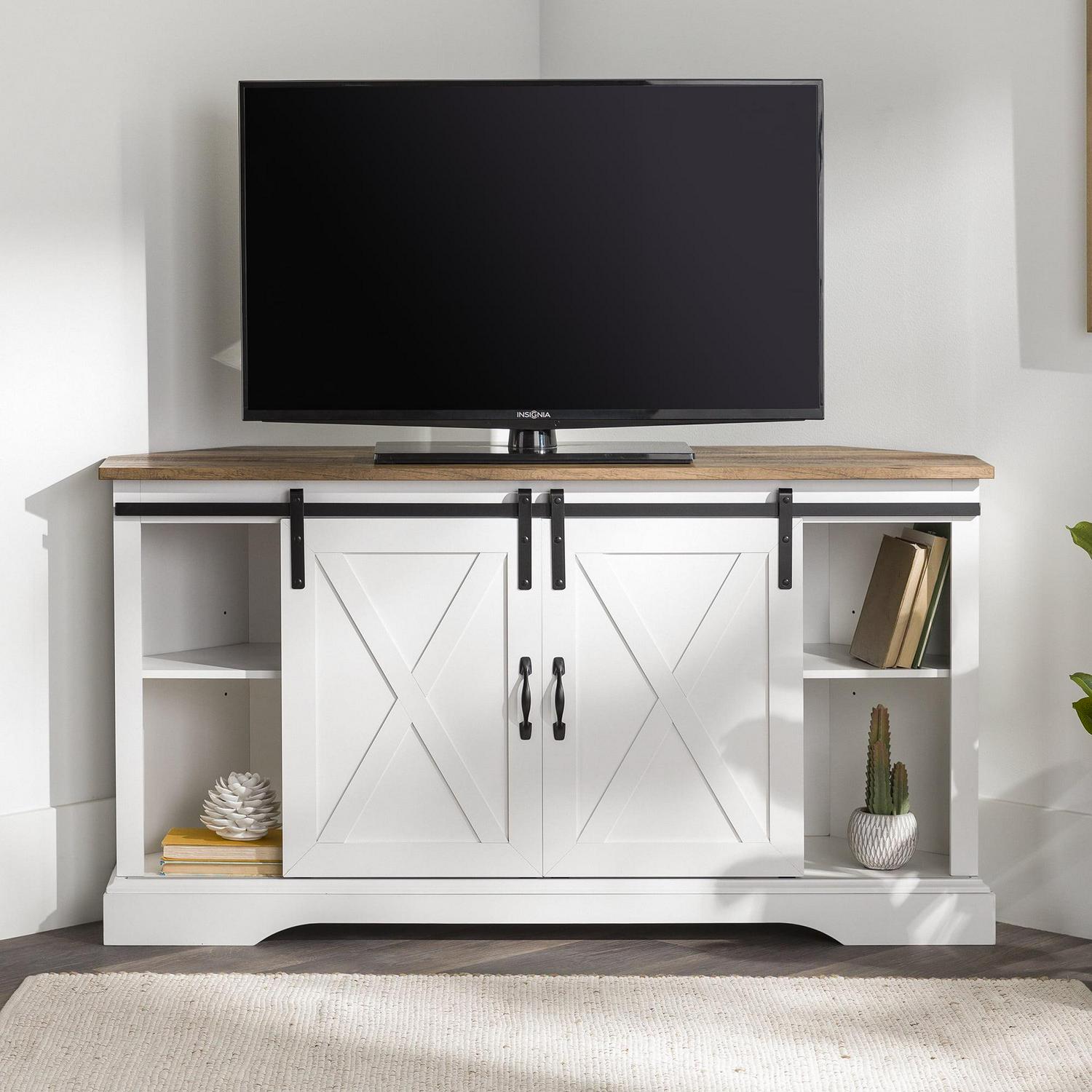 Walker Edison Modern Farmhouse Sliding Door Corner TV Stand, Rustic Oak/Solid White - Image 2