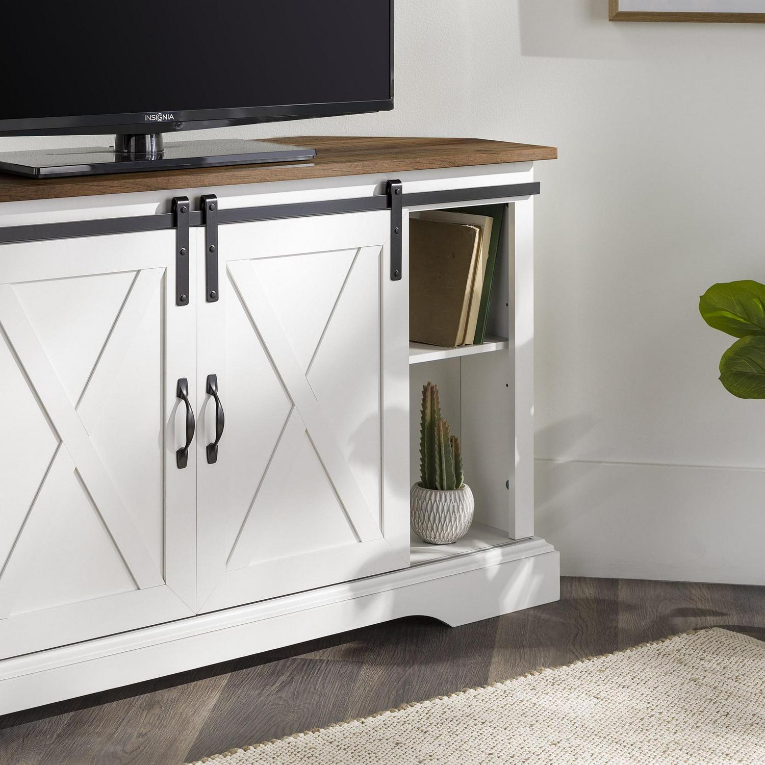 Walker Edison Modern Farmhouse Sliding Door Corner TV Stand, Rustic Oak/Solid White - Image 13