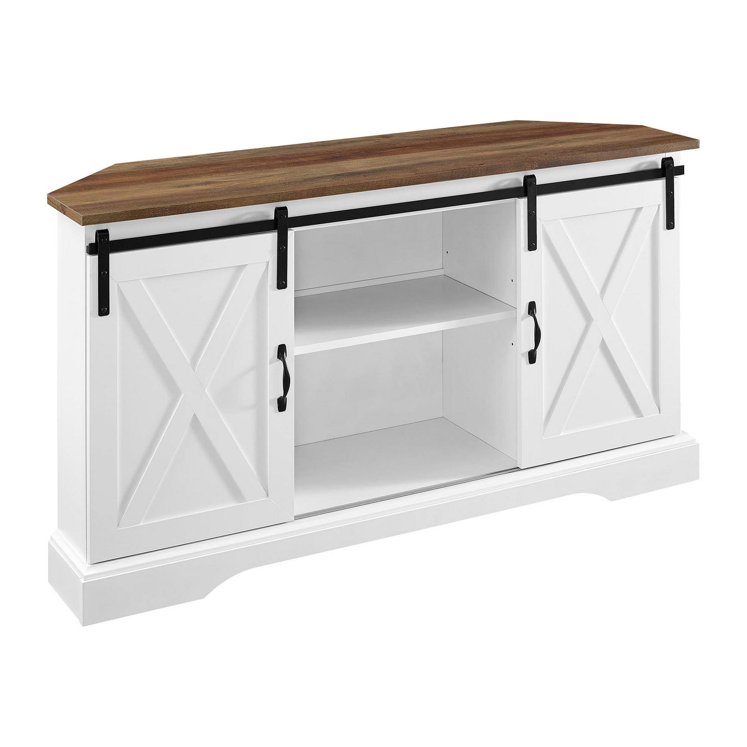 Walker Edison Modern Farmhouse Sliding Door Corner TV Stand, Rustic Oak/Solid White - Image 5