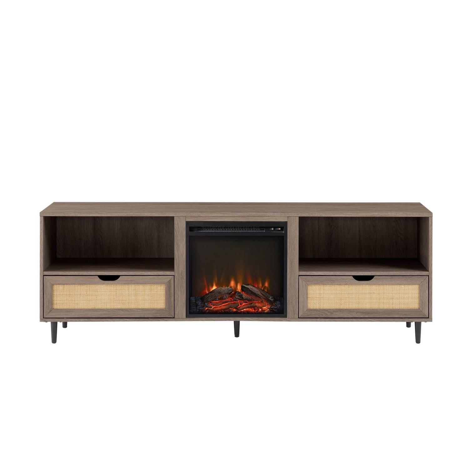 Walker Edison 70” Bohemian Wood and Rattan Electric Fireplace TV Stand for TVs up to 80”, Driftwood - Image 5