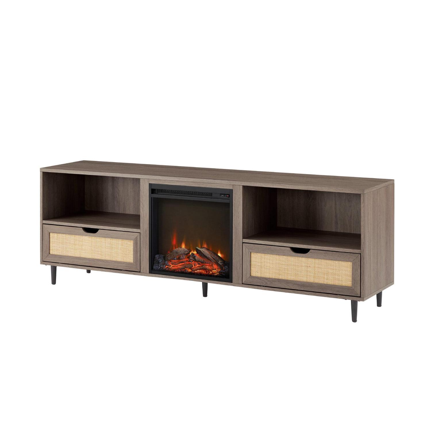 Walker Edison 70” Bohemian Wood and Rattan Electric Fireplace TV Stand for TVs up to 80”, Driftwood - Image 6
