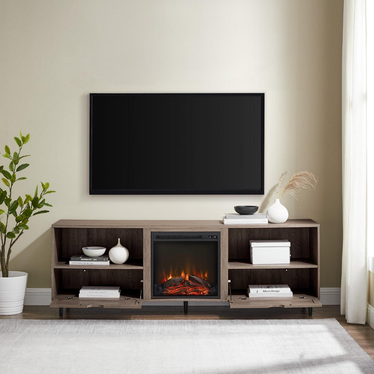 Walker Edison 70” Bohemian Wood and Rattan Electric Fireplace TV Stand for TVs up to 80”, Driftwood - Image 2