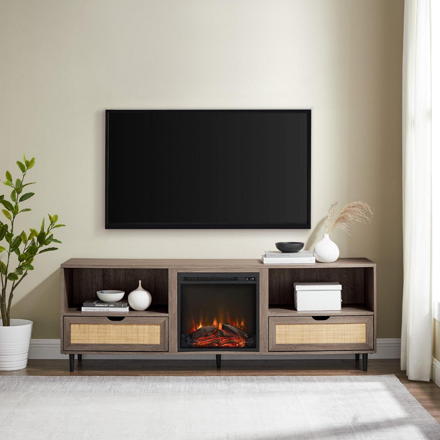 Walker Edison 70” Bohemian Wood and Rattan Electric Fireplace TV Stand for TVs up to 80”, Driftwood - Image 3