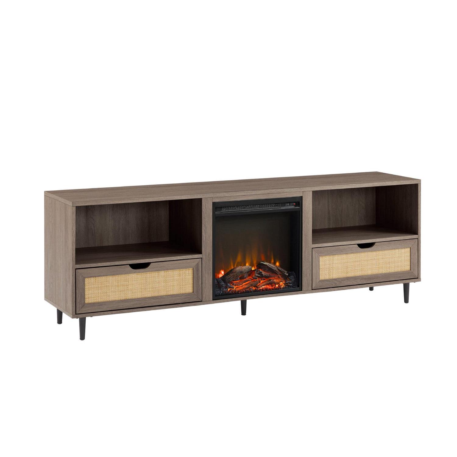 Walker Edison 70” Bohemian Wood and Rattan Electric Fireplace TV Stand for TVs up to 80”, Driftwood - Image 4