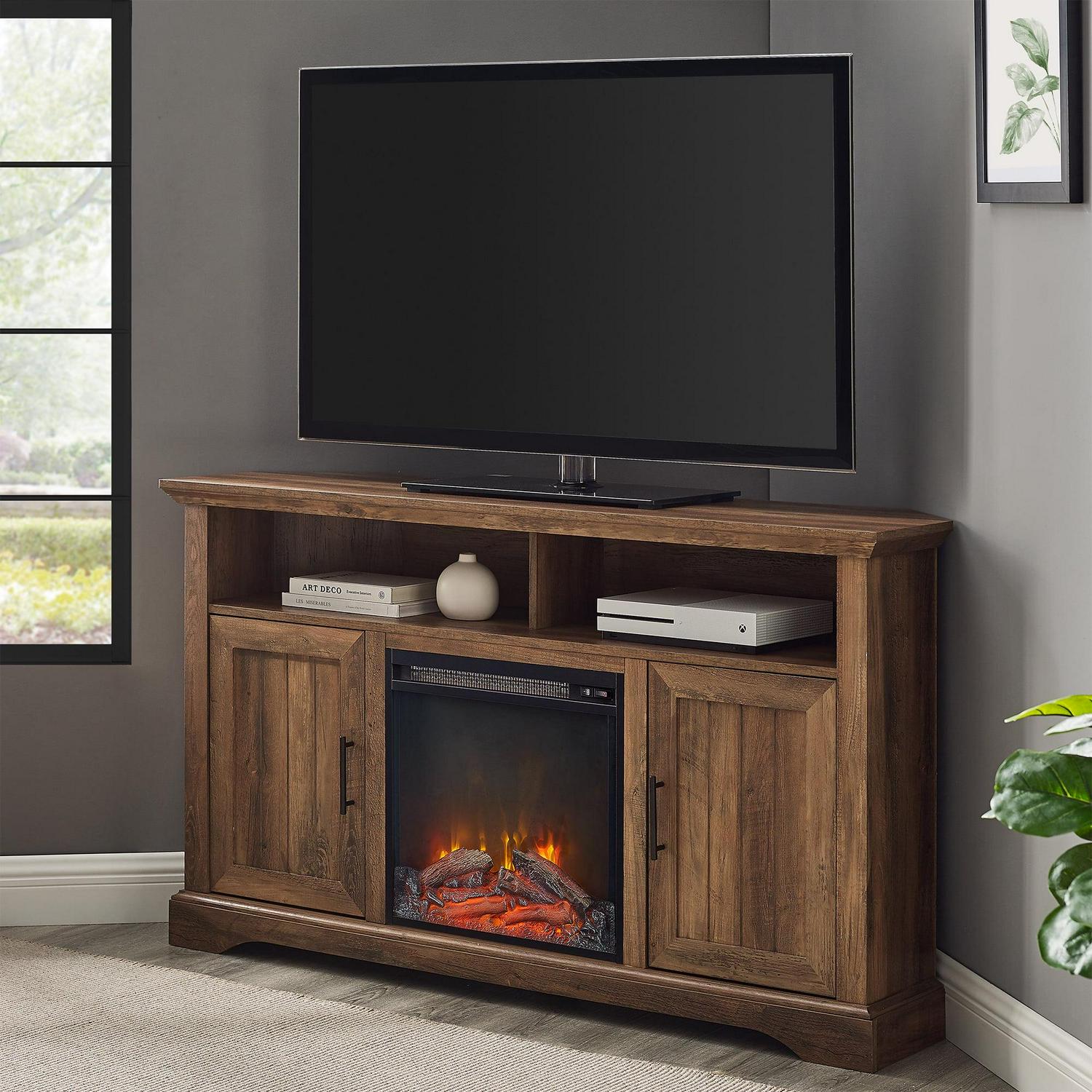 Walker Edison Coastal Corner Fireplace TV Stand for TVs up to 60", Rustic Oak