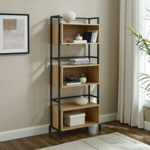 Walker Edison Contemporary 64" Metal and Wood 3-Cubby Bookshelf, Coastal Oak