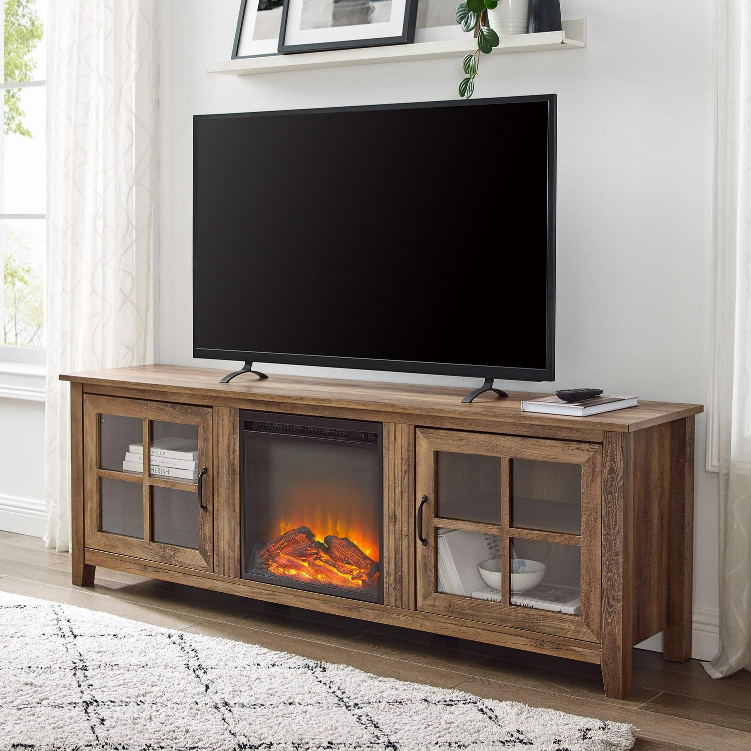 Walker Edison Farmhouse Fireplace TV Stand for TVs Up to 80", Reclaimed Barnwood