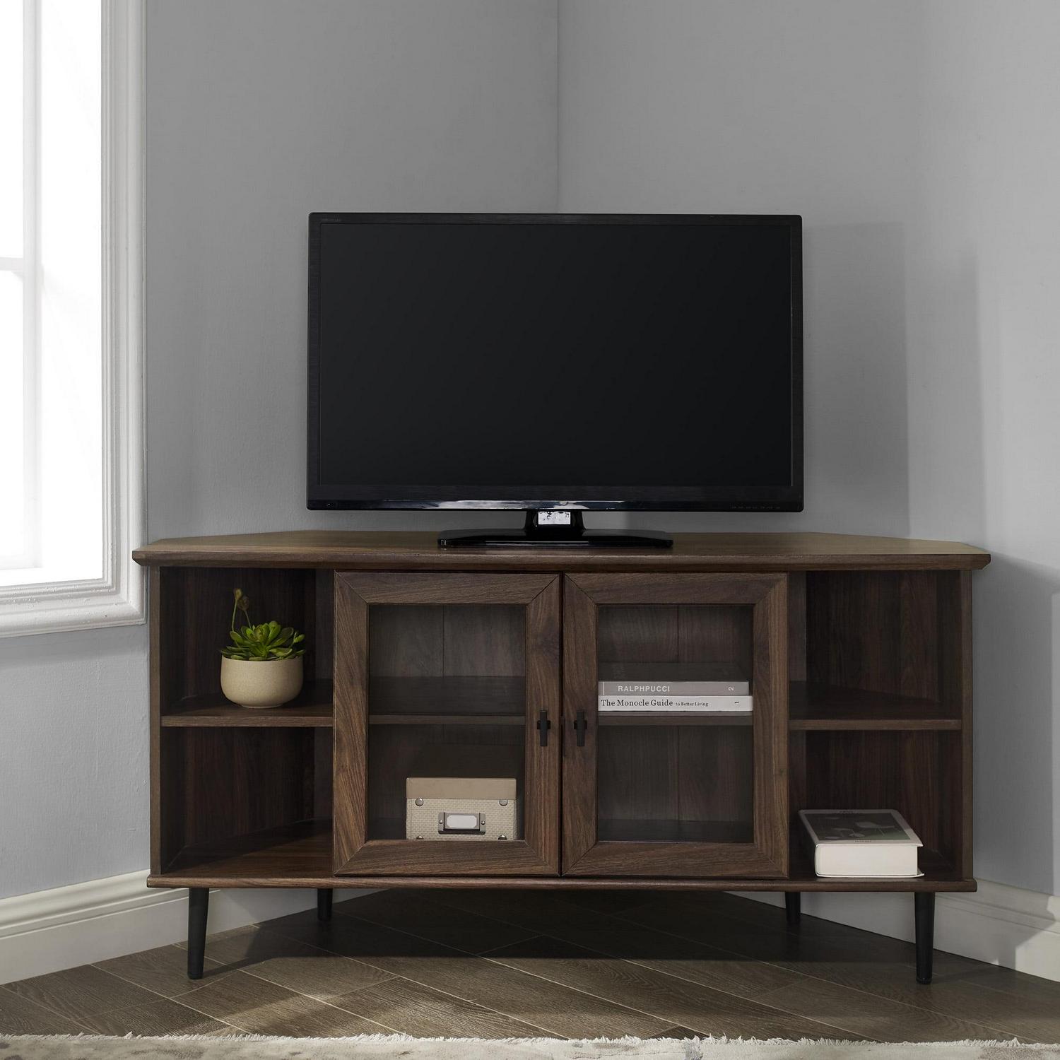 Walker Edison Glass Door Corner TV Stand for TVs up to 55", Dark Walnut - Image 5