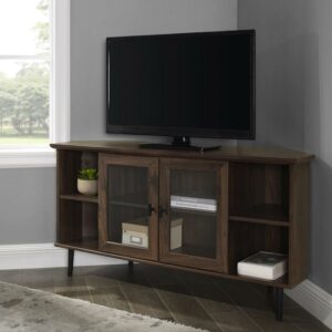 Walker Edison Glass Door Corner TV Stand for TVs up to 55", Dark Walnut