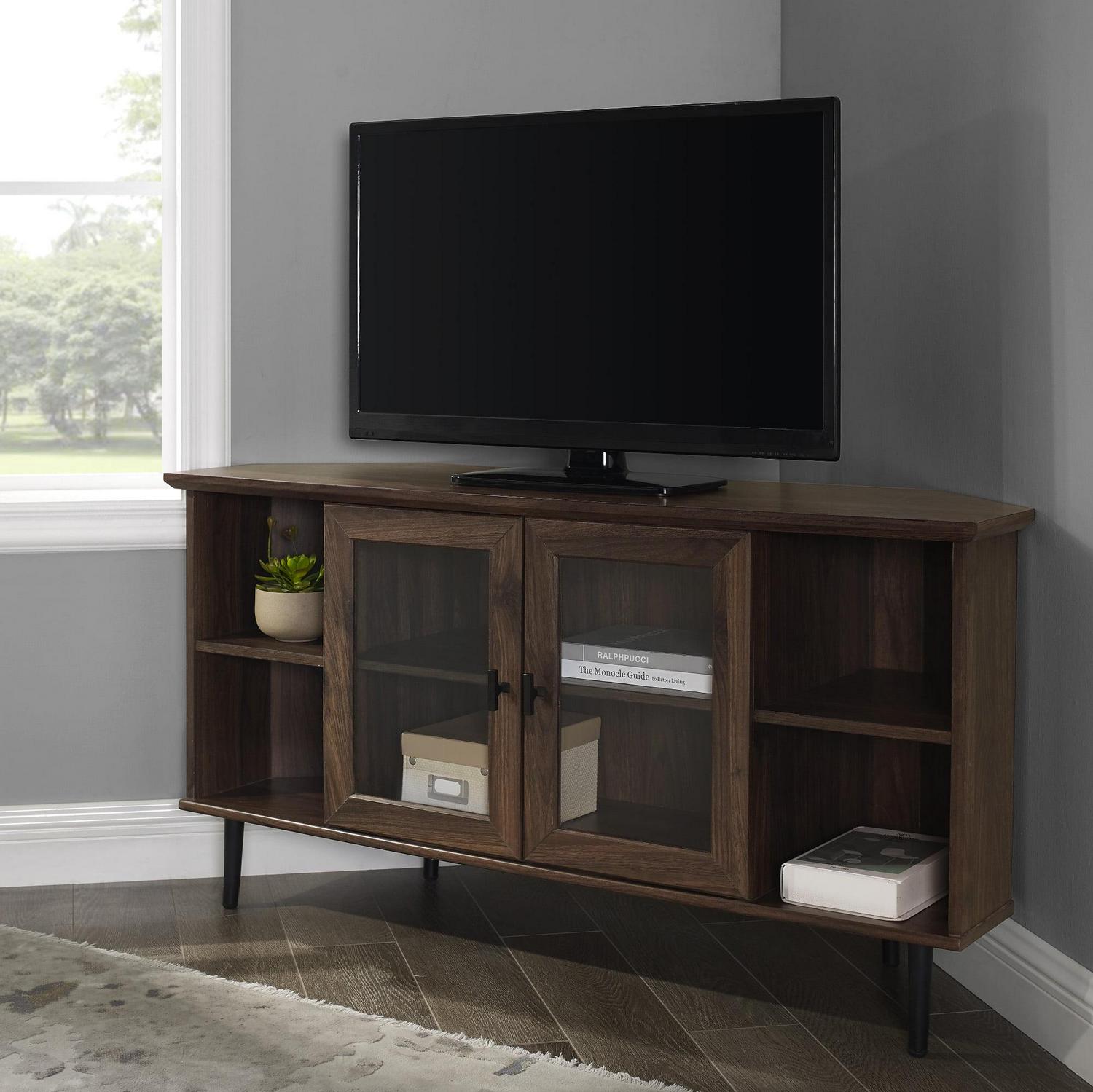 Walker Edison Glass Door Corner TV Stand for TVs up to 55", Dark Walnut