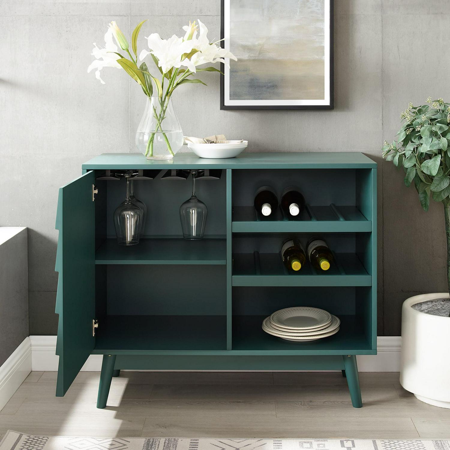 Walker Edison Mid Century modern Louvered Door Bar Cabinet, Dark Teal - Image 5