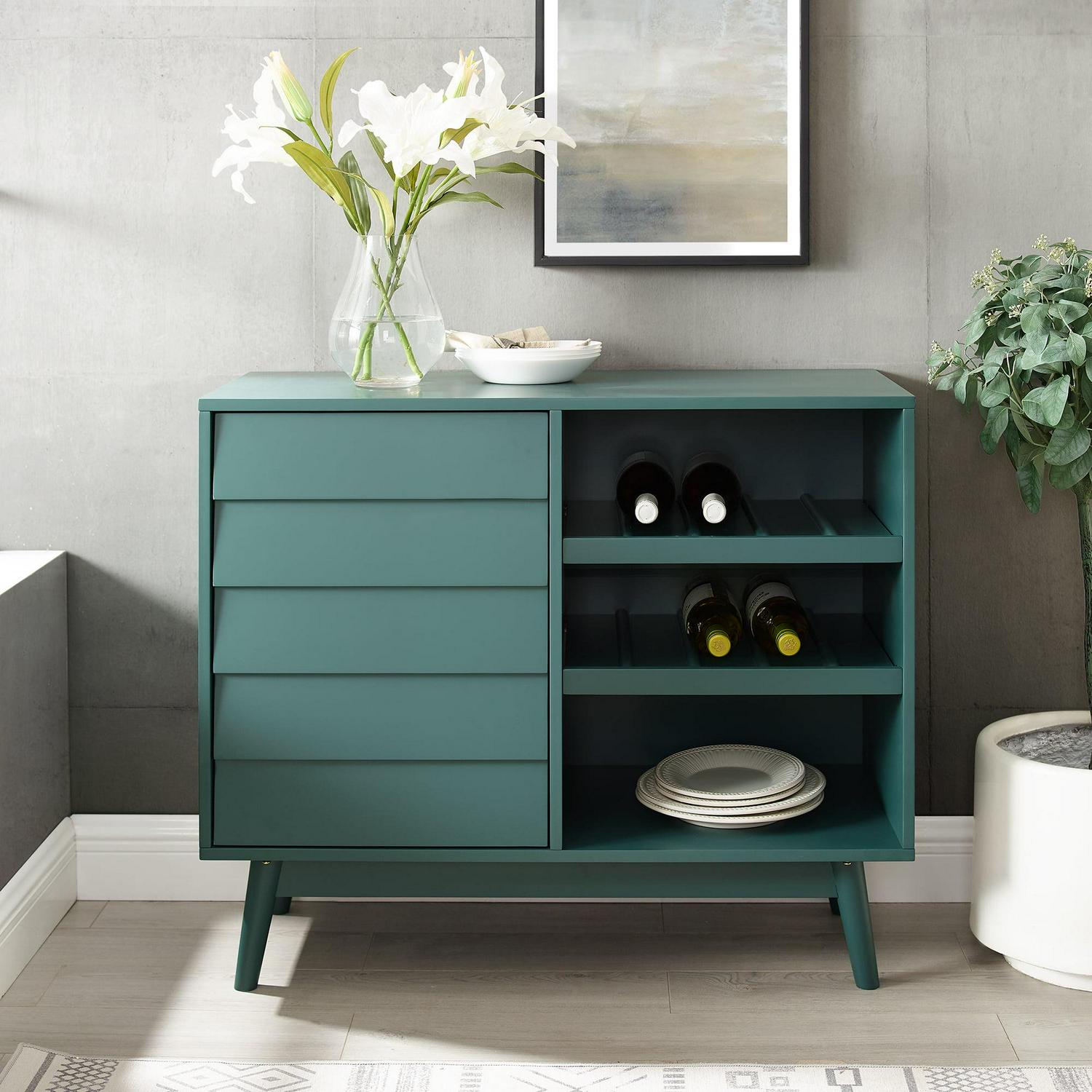 Walker Edison Mid Century modern Louvered Door Bar Cabinet, Dark Teal - Image 3