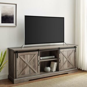 70" Sliding Barn Door TV Console with Adjustable Shelves in Gray Wash