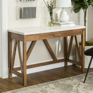 Walker Edison Rustic Farmhouse Computer Writing Desk with Drawer, Natural Walnut/White Marble
