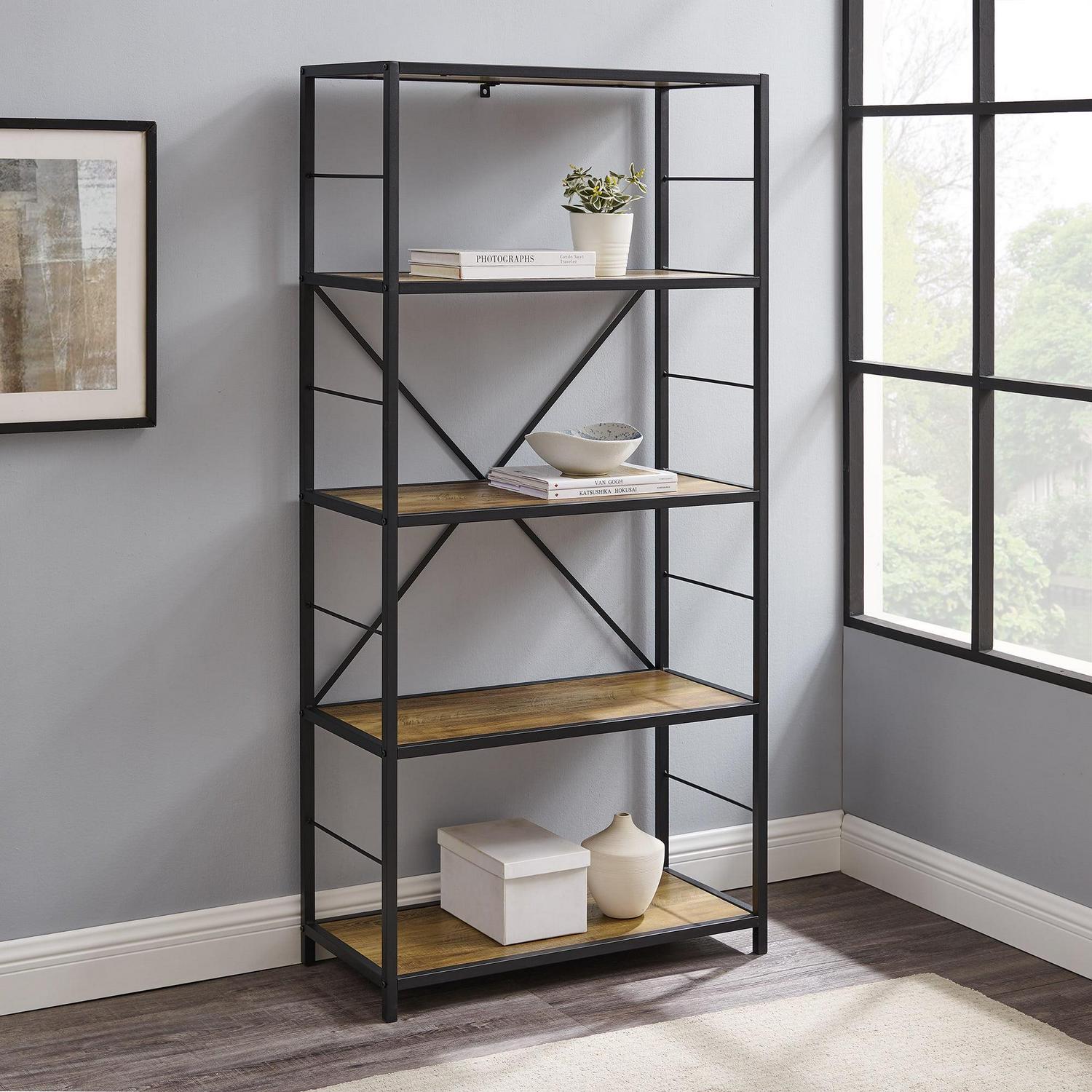 Walker Edison Rustic Metal and Media Bookcase, Reclaimed Barnwood