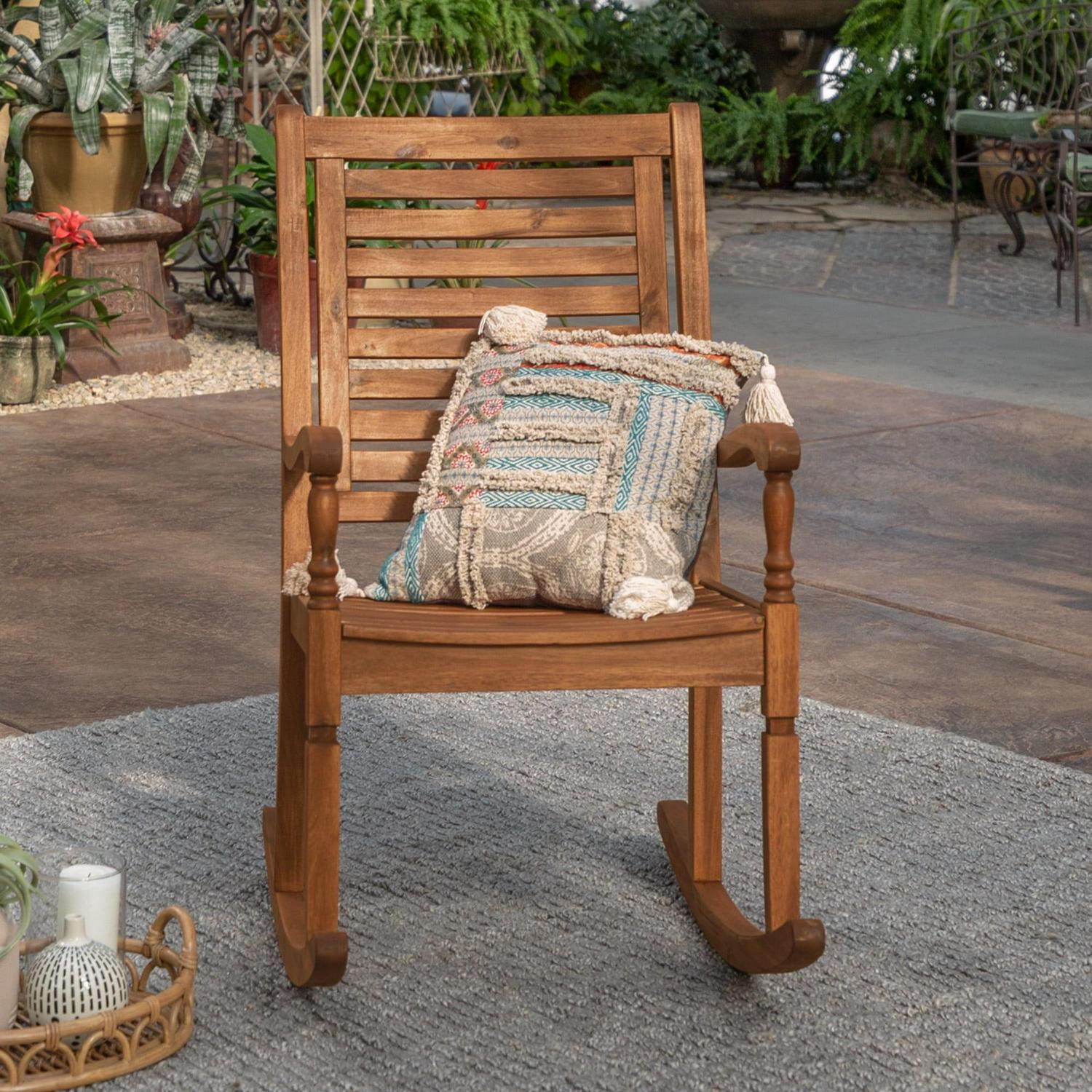 Walker Edison Solid Wood Outdoor Patio Rocking Chair, Brown - Image 2