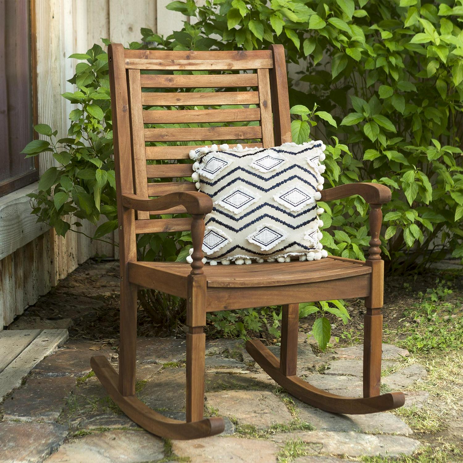 Walker Edison Solid Wood Outdoor Patio Rocking Chair, Brown - Image 4