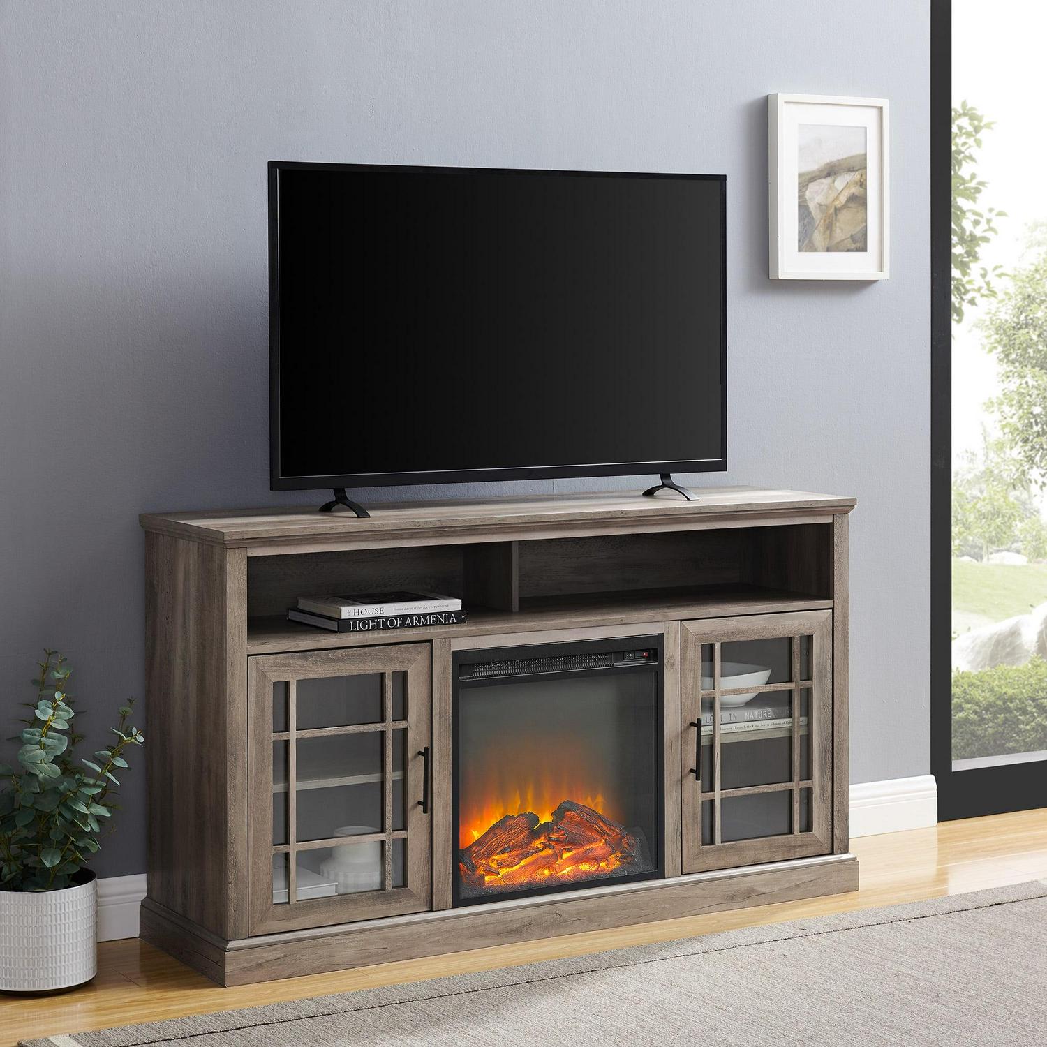 Walker Edison Traditional 2 Door Fireplace TV Stand for TVs up to 65", Grey Wash