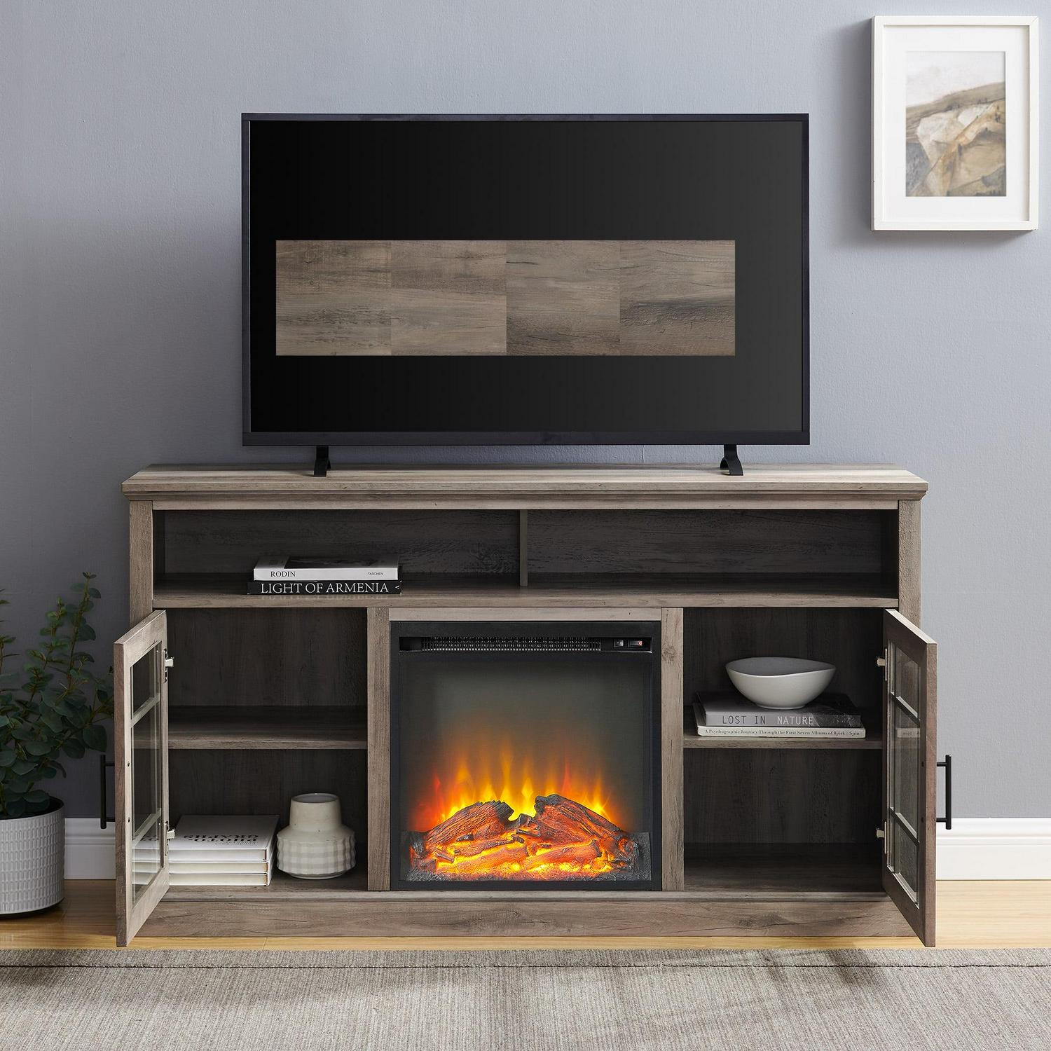 Walker Edison Traditional 2 Door Fireplace TV Stand for TVs up to 65", Grey Wash - Image 3