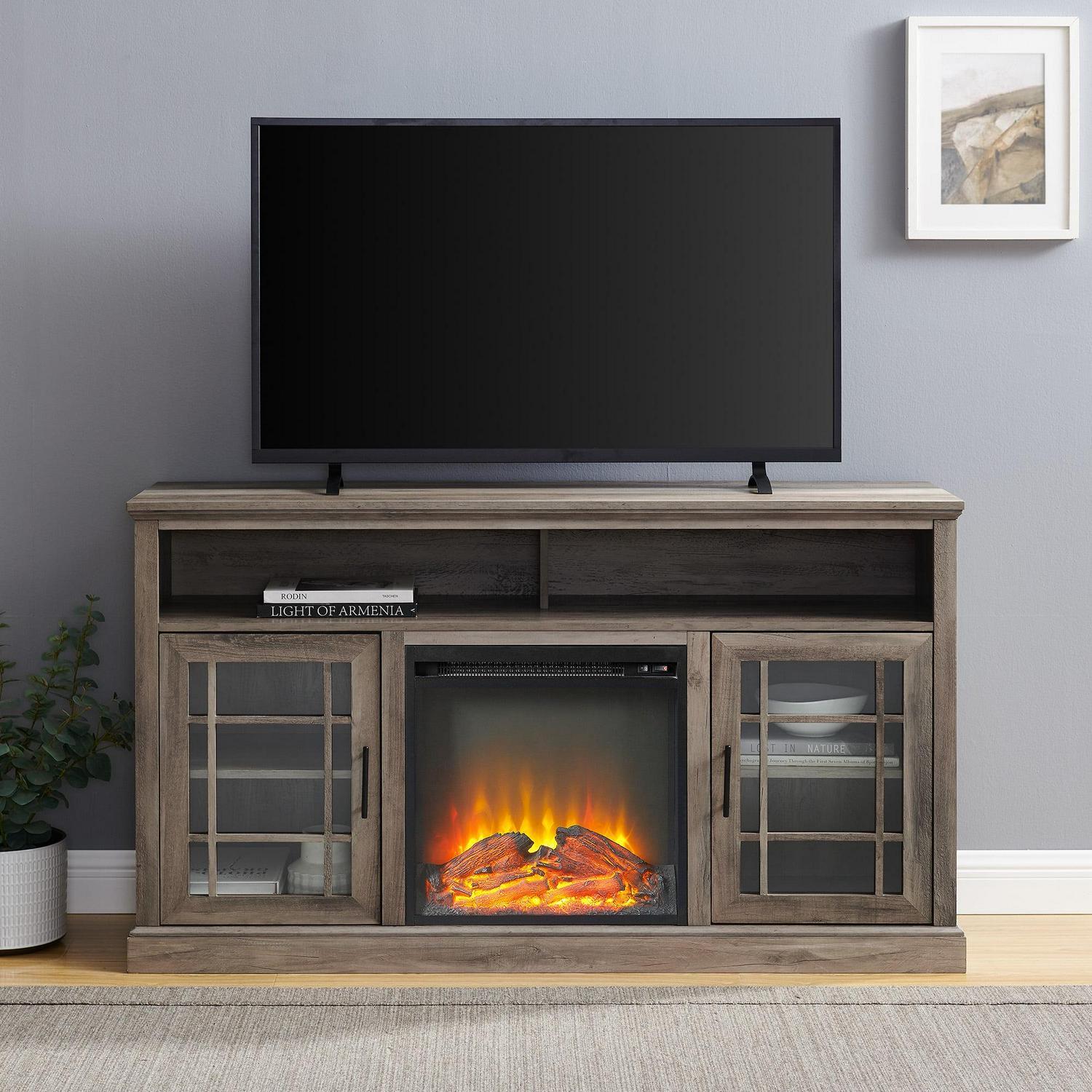 Walker Edison Traditional 2 Door Fireplace TV Stand for TVs up to 65", Grey Wash - Image 2