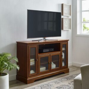 Walker Edison Transitional Highboy Glass Door Wood TV Stand, Rustic Brown